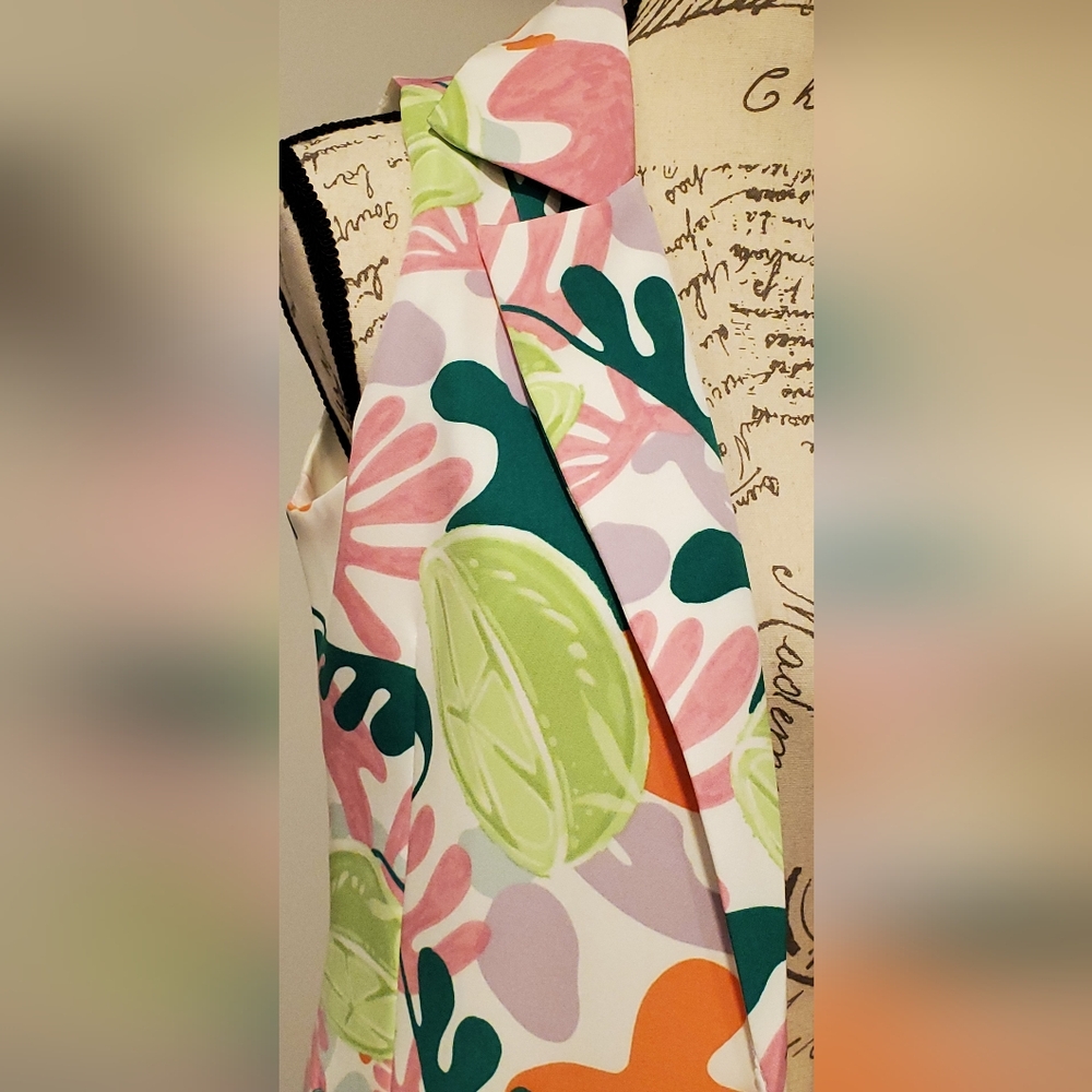 UNKNOWN BRAND WOMEN'S WHITE GREEN TROPICAL /SUMMER PRINT, LONG VEST, SIZE M. - Picture 4 of 8